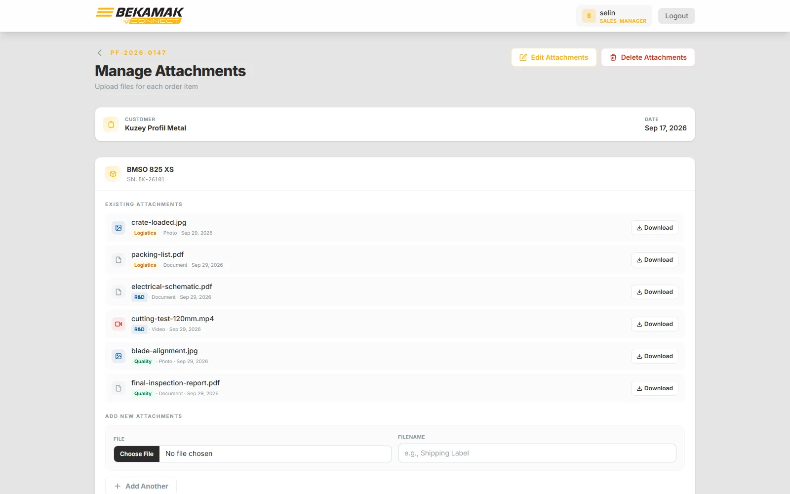 Attachments for one machine: packing list, crate photo, electrical schematic, cutting-test video, blade-alignment photo and final inspection report, each tagged with the department that uploaded it.