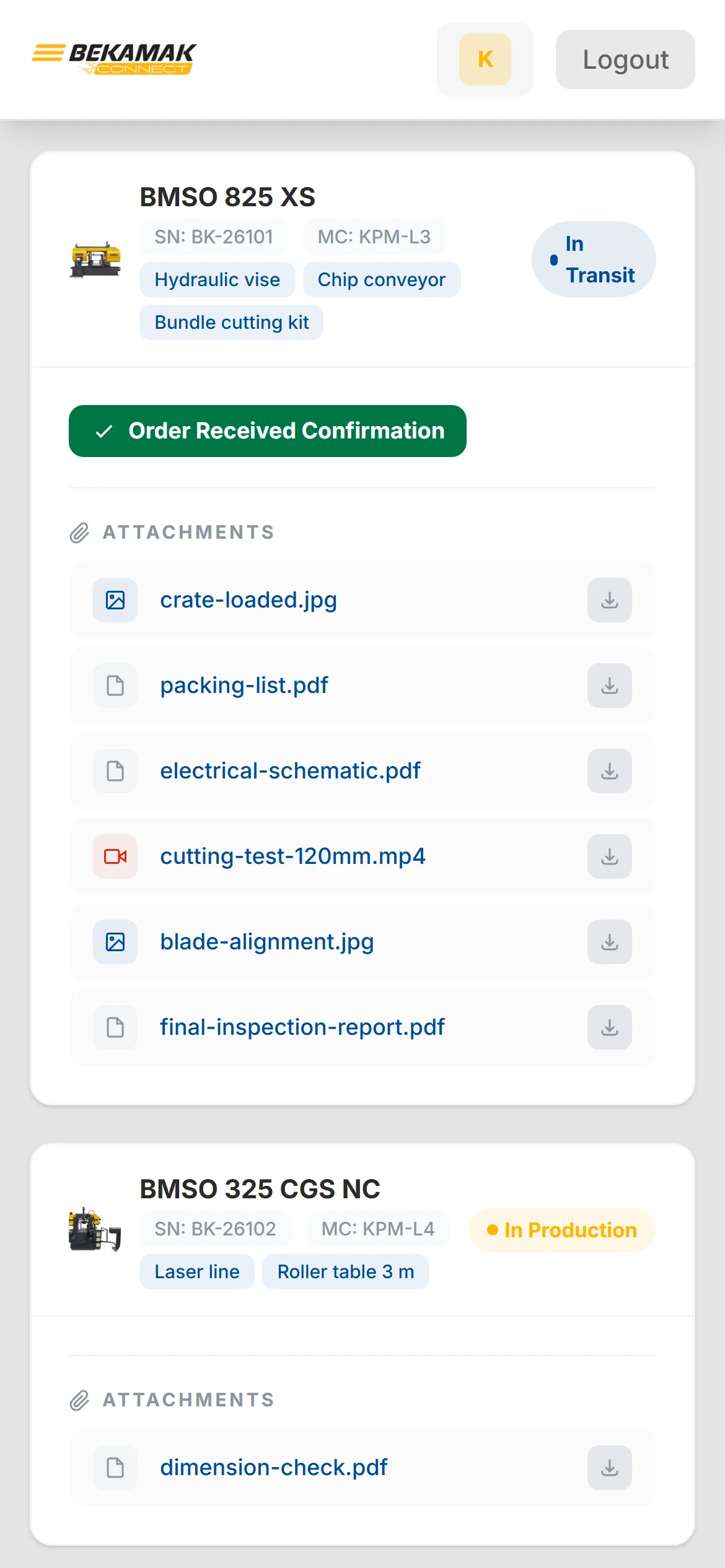 Customer's phone view of an in-transit machine with an Order Received Confirmation button and its inspection report, photos and test video.