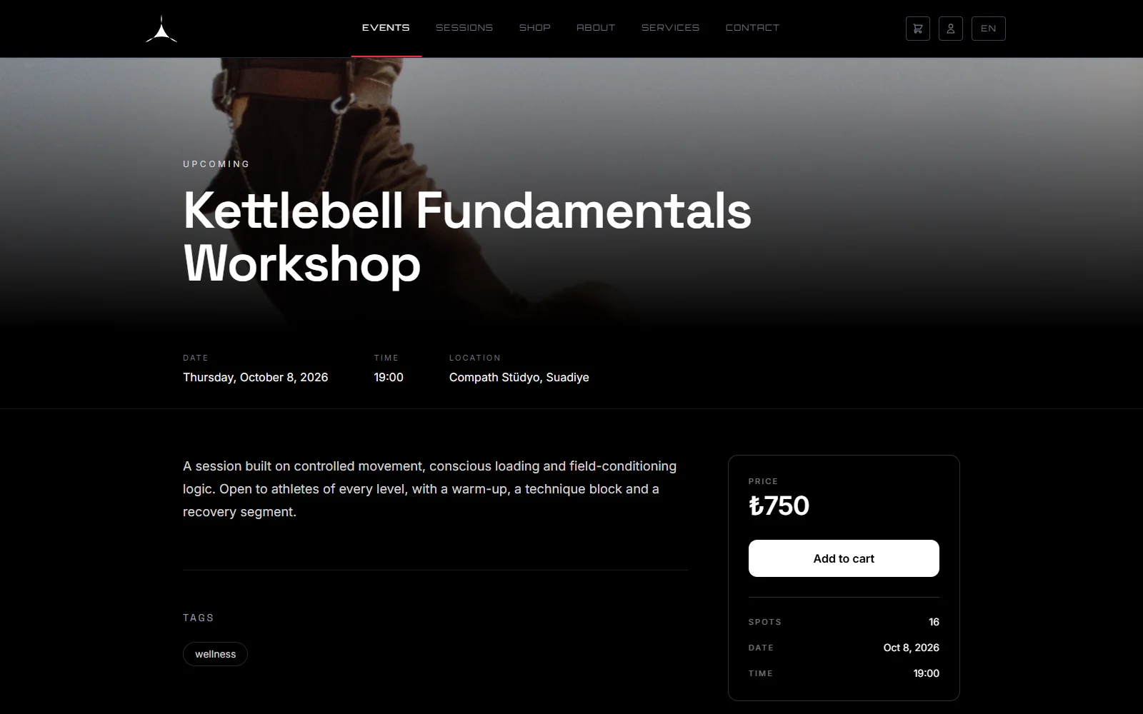 Event page for a Kettlebell Fundamentals Workshop: photo header, date, time and location, a short description, and a booking panel showing a 750 lira price, an Add to cart button and 16 spots.