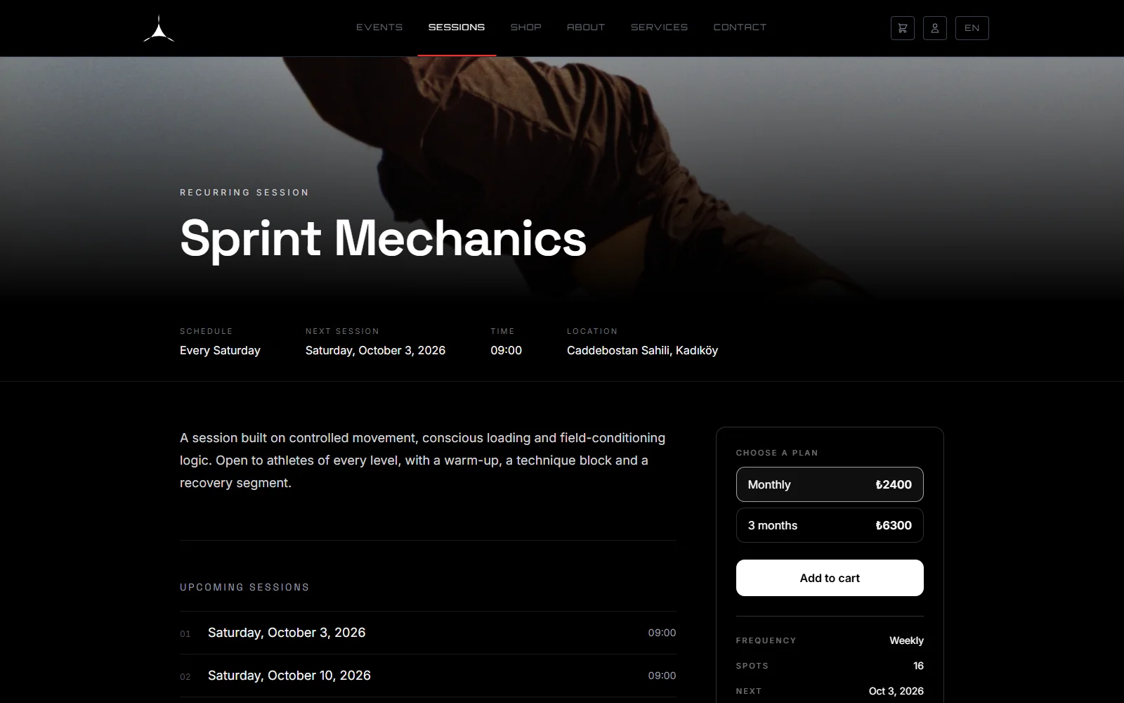 Recurring session page for Sprint Mechanics, held every Saturday at 09:00, listing its next dates and a Choose a plan panel with a monthly and a three-month option and an Add to cart button.