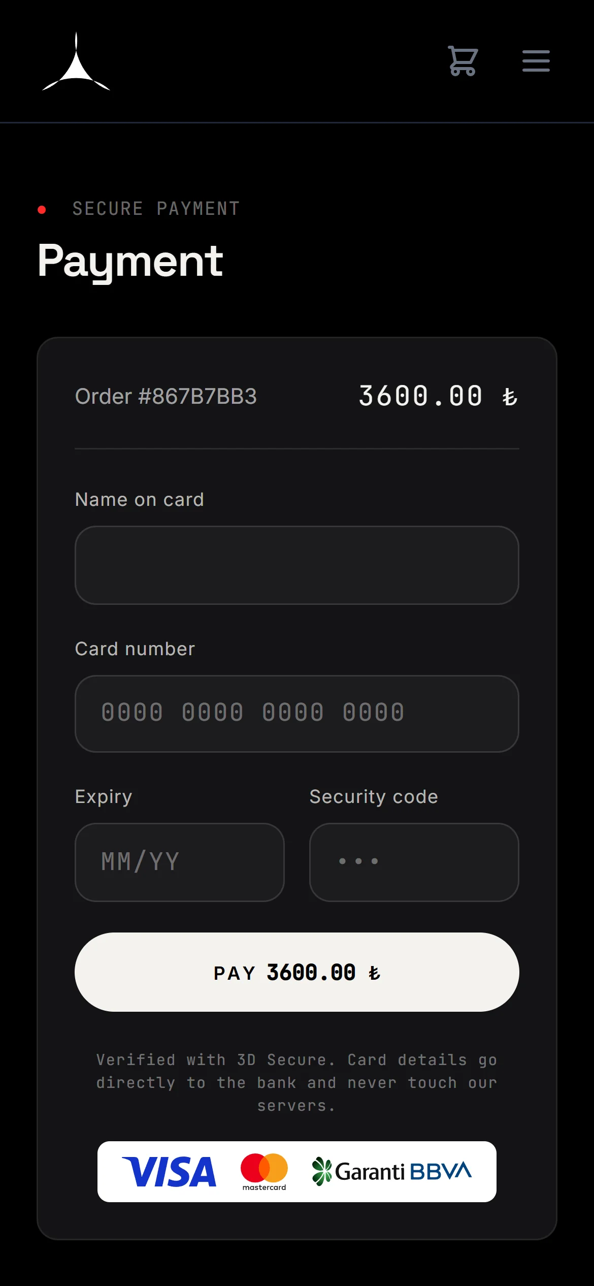 Mobile payment screen showing the order number and a 3,600 lira total, fields for name on card, card number, expiry and security code, a Pay button, and a note that card details go directly to the bank.