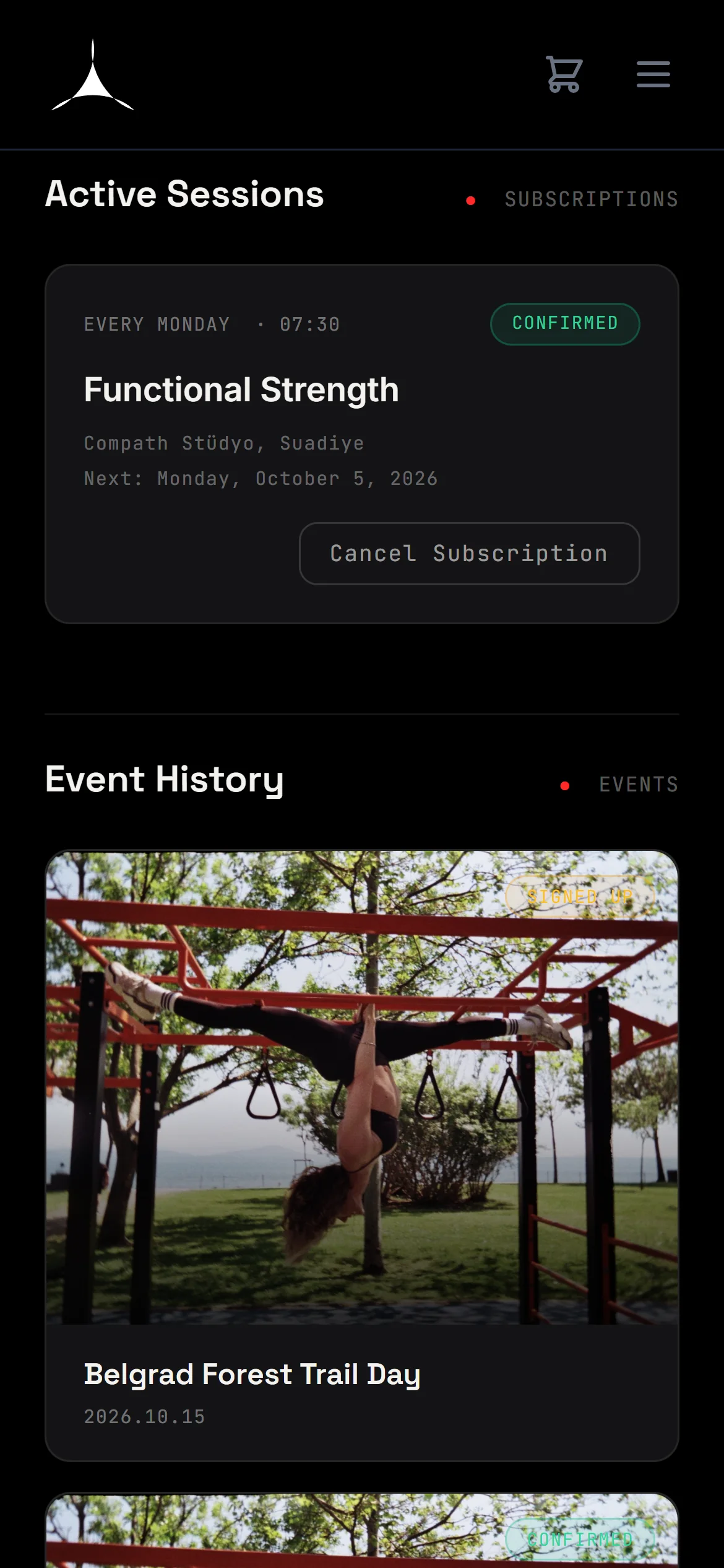 Mobile member account showing an active Functional Strength subscription marked Confirmed with its next date and a cancel button, followed by the member's event history with photo cards and sign-up status.