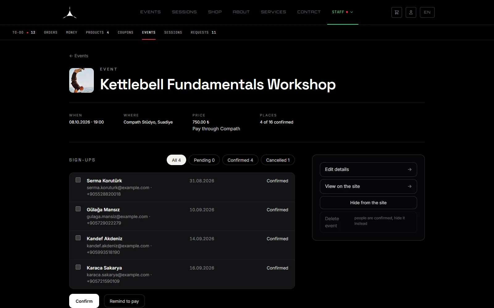 Staff view of the Kettlebell Fundamentals Workshop: date, place, price and 4 of 16 places confirmed, a list of sign-ups with contact details and status, and buttons to confirm people or remind them to pay.