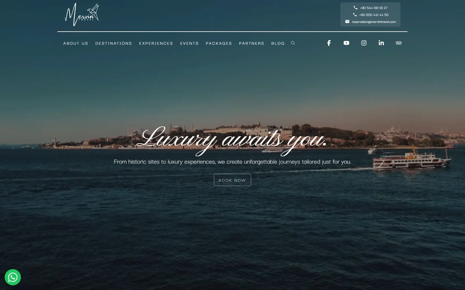 Mervin Travel home page: full-screen video hero with the headline "Luxury awaits you.", the main navigation, and a Book Now button.