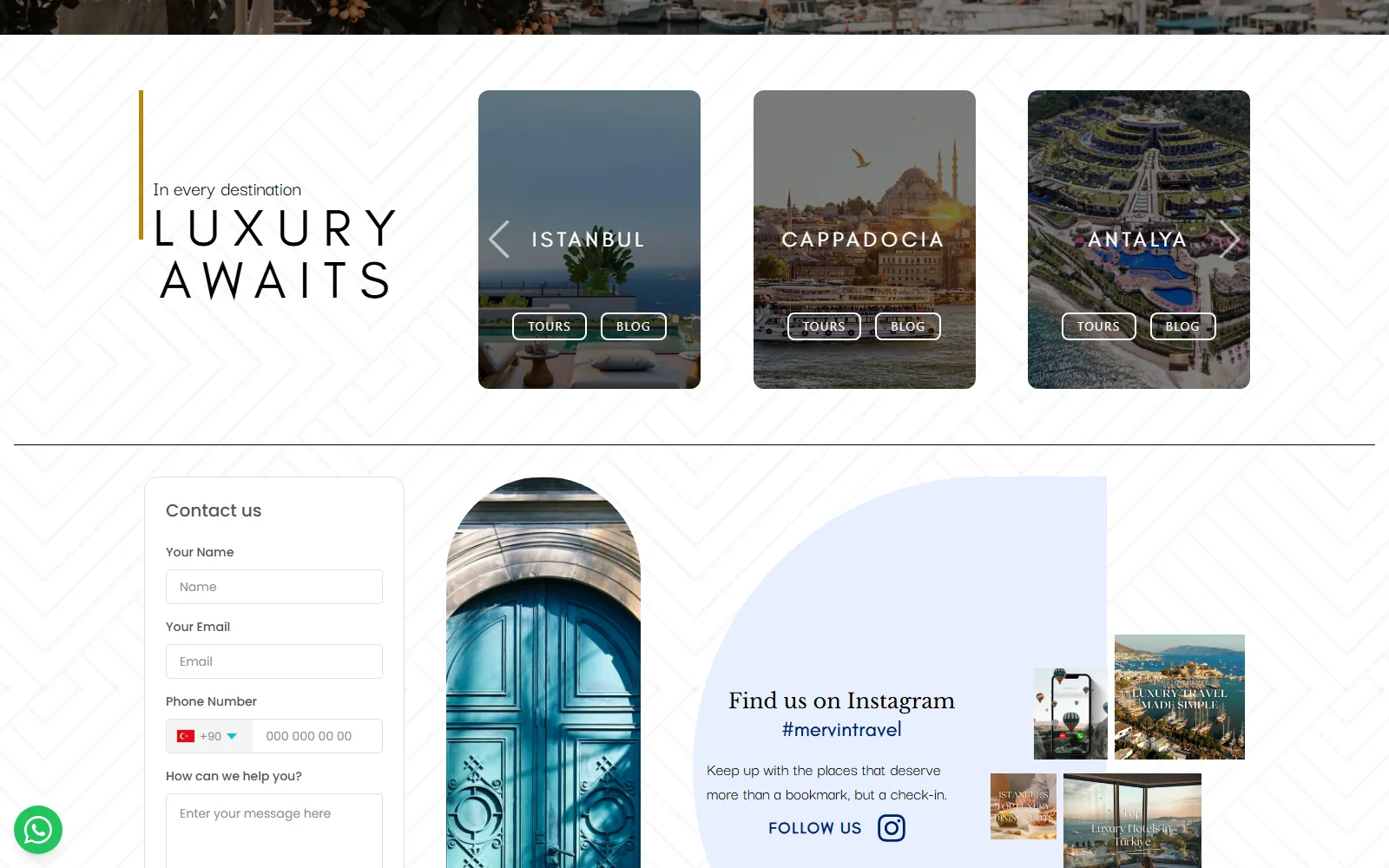 Destinations page: a carousel of city cards (Istanbul, Cappadocia, Antalya), each with a Tours button, above a contact form.