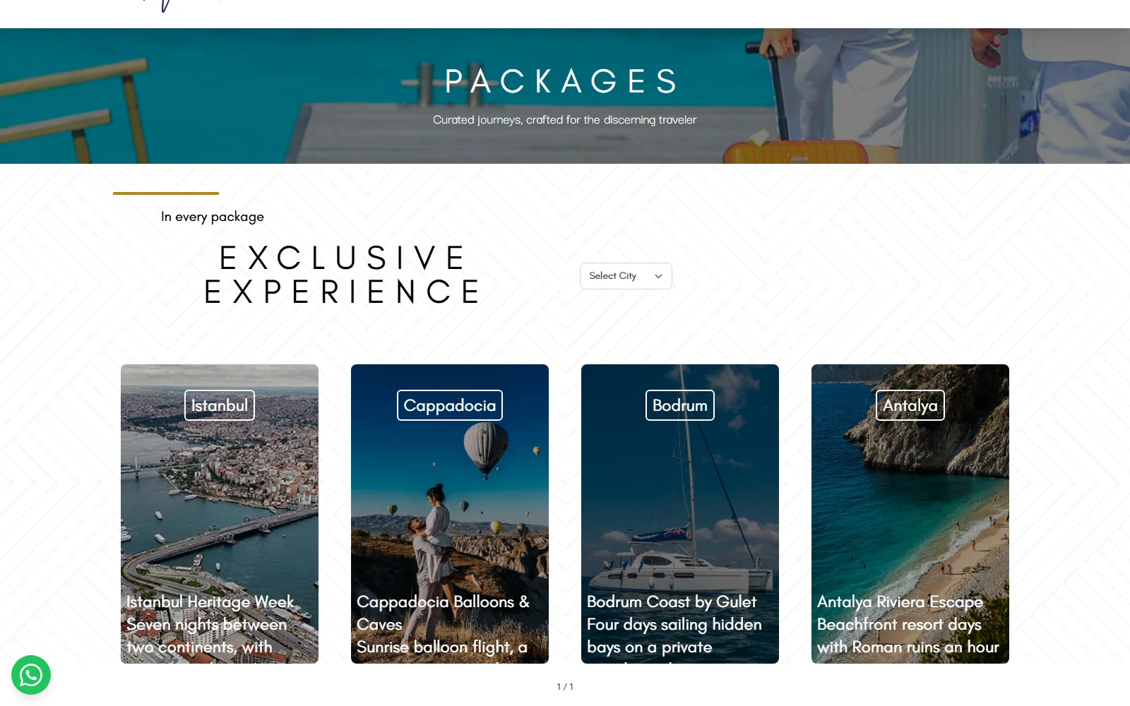 Packages page: four tour package cards labeled Istanbul, Cappadocia, Bodrum and Antalya, with a Select City dropdown above them.