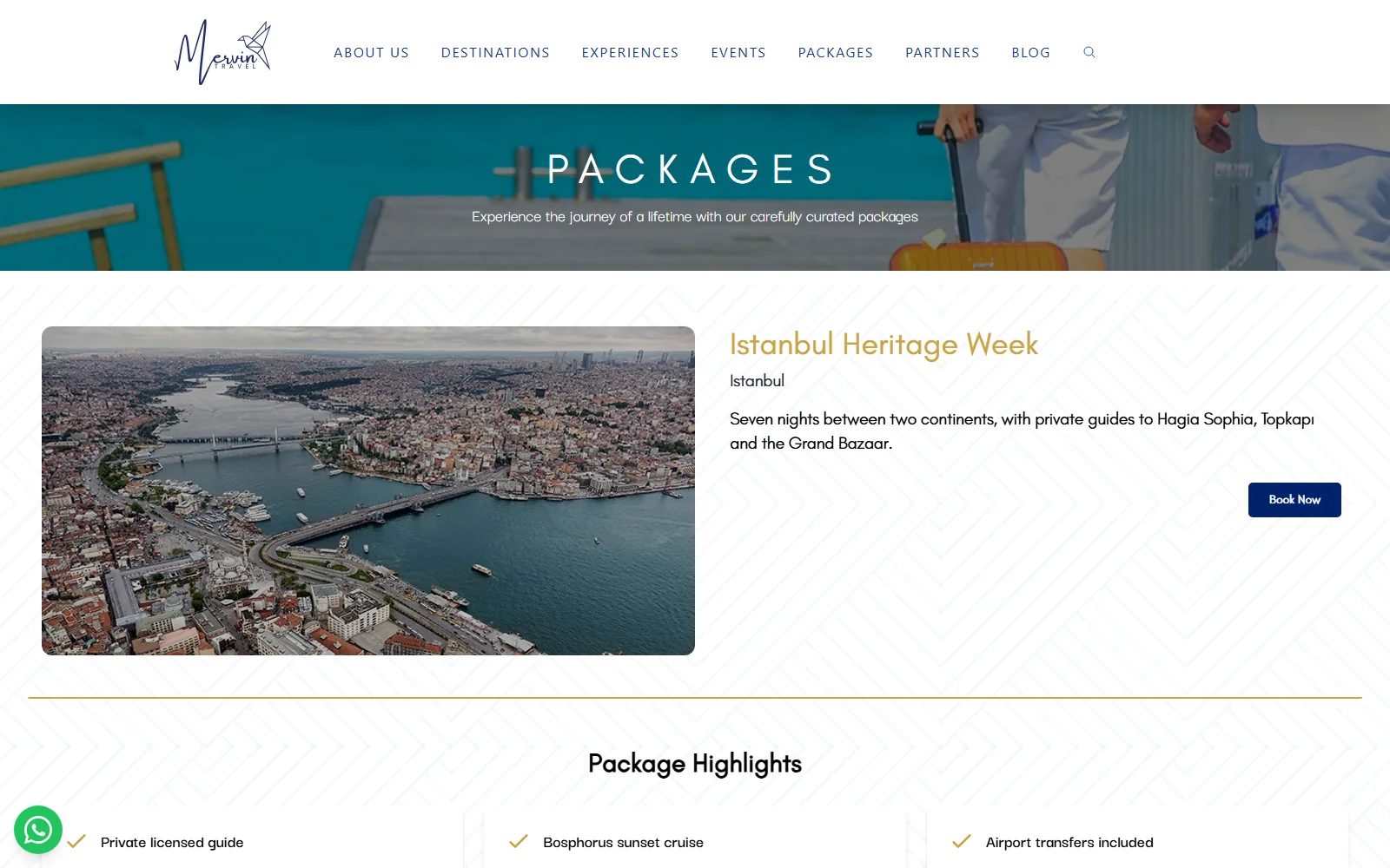 Package detail page for "Istanbul Heritage Week": aerial photo of Istanbul, description, a Book Now button and a row of package highlights.
