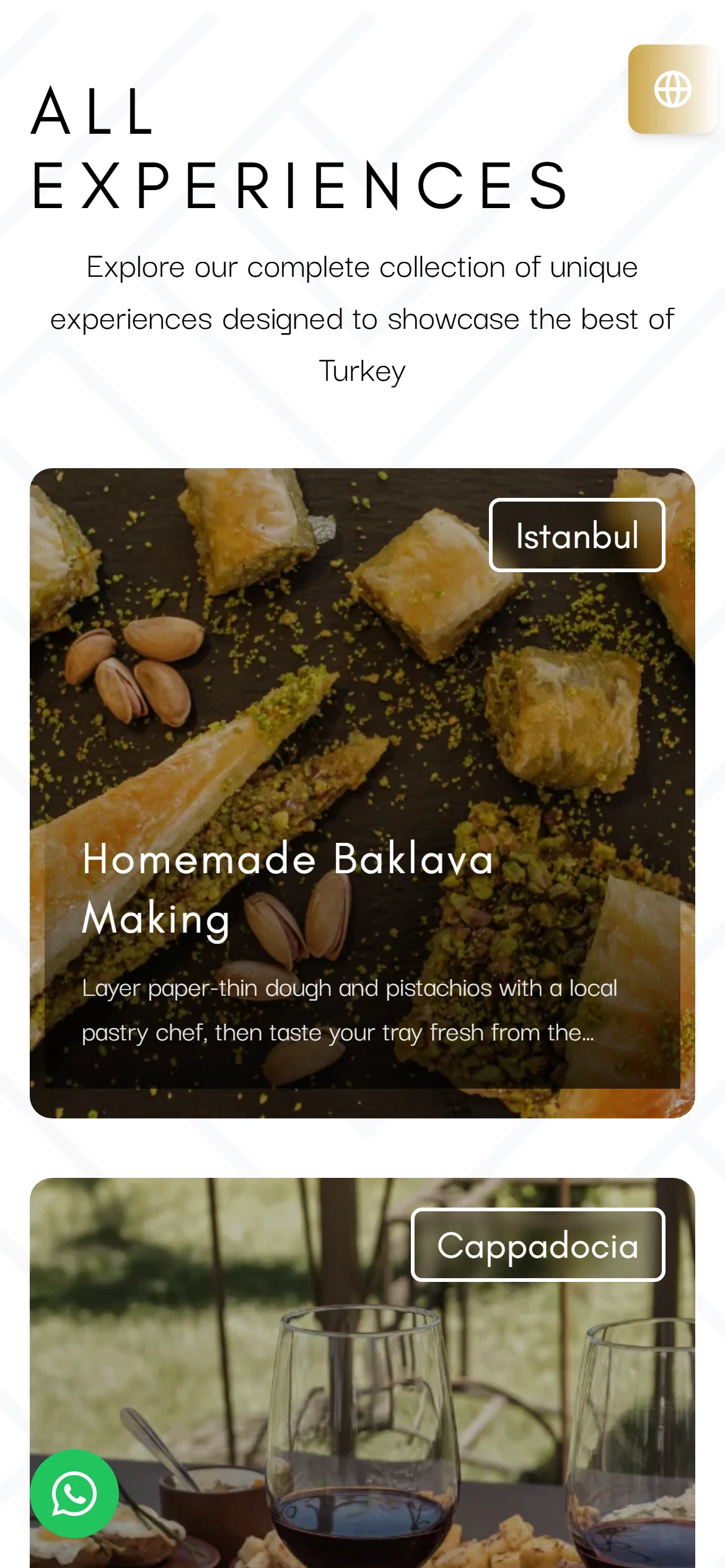 Experiences page on a phone: "All experiences" heading above a card for Homemade Baklava Making in Istanbul, with a Cappadocia wine tasting card below.