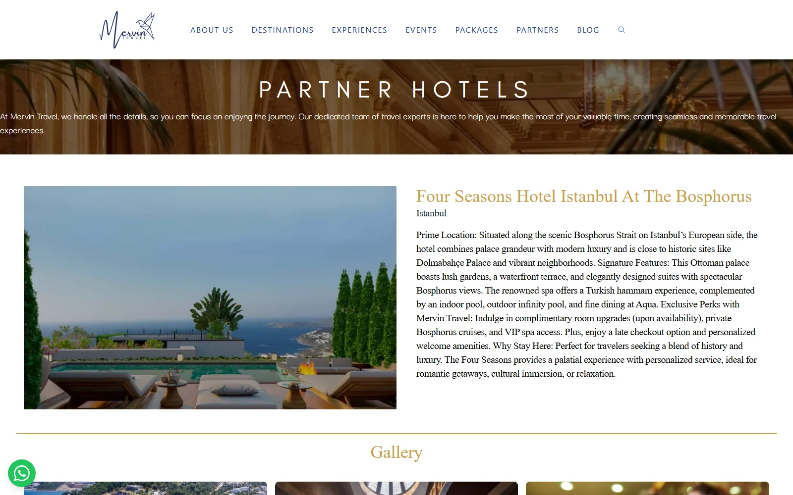 Partner hotel page for Four Seasons Hotel Istanbul at the Bosphorus: hotel photo, city and description, followed by a photo gallery.